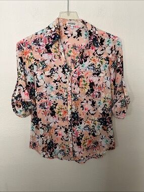 Express The Portofino Shirt Button-Down Shirt in Peach W/Multicolor Print